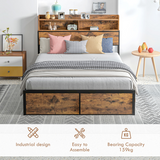 HOMCOM 4ft6 Double Metal Bed Frame with Storage Headboard & Under Bed Storage – Bedroom Furniture