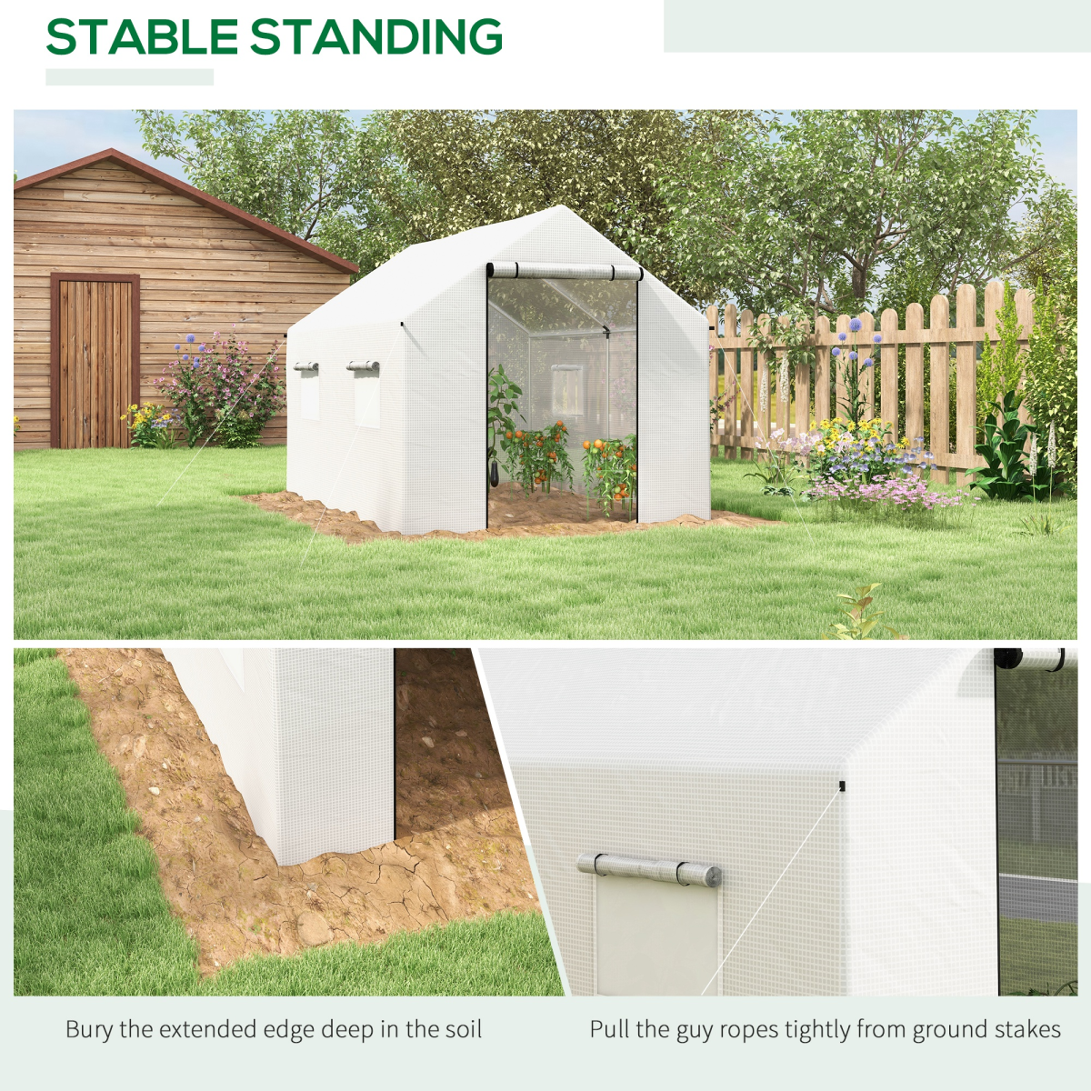 Outsunny 2 x 3m Tunnel Greenhouse with UV PE Cover, Wide Roll-Up Door & Windows – Steel Frame, White