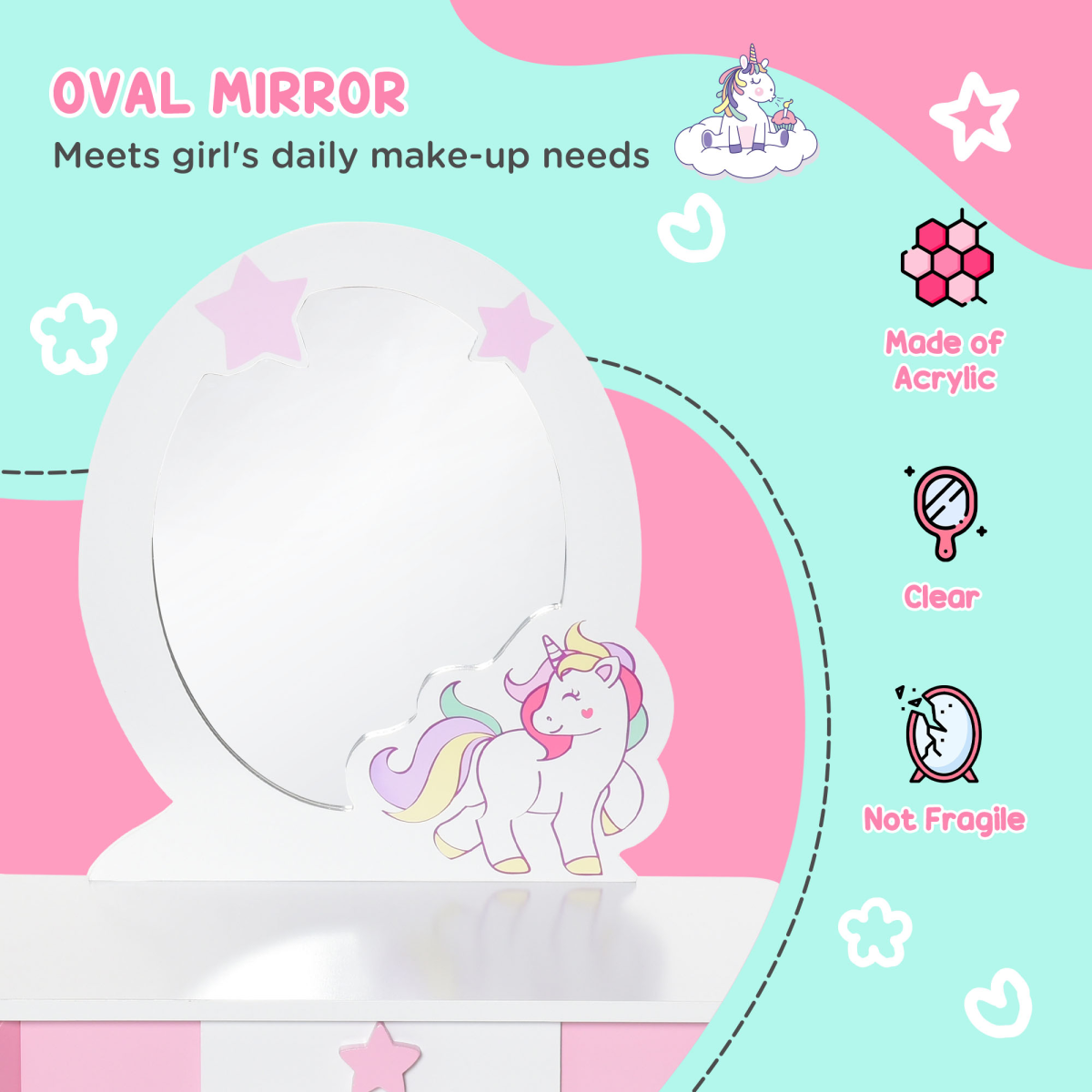 HOMCOM Kids Dressing Table with Mirror and Stool – Unicorn Vanity Set for Girls Aged 3-6, Pink and White