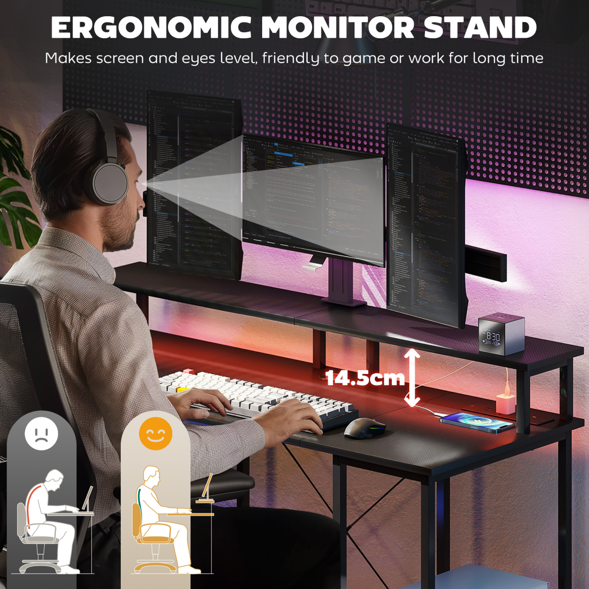 HOMCOM Reversible Computer Desk with Charging Station, RGB LED Light & Monitor Shelf – Home Office Desk, Grey