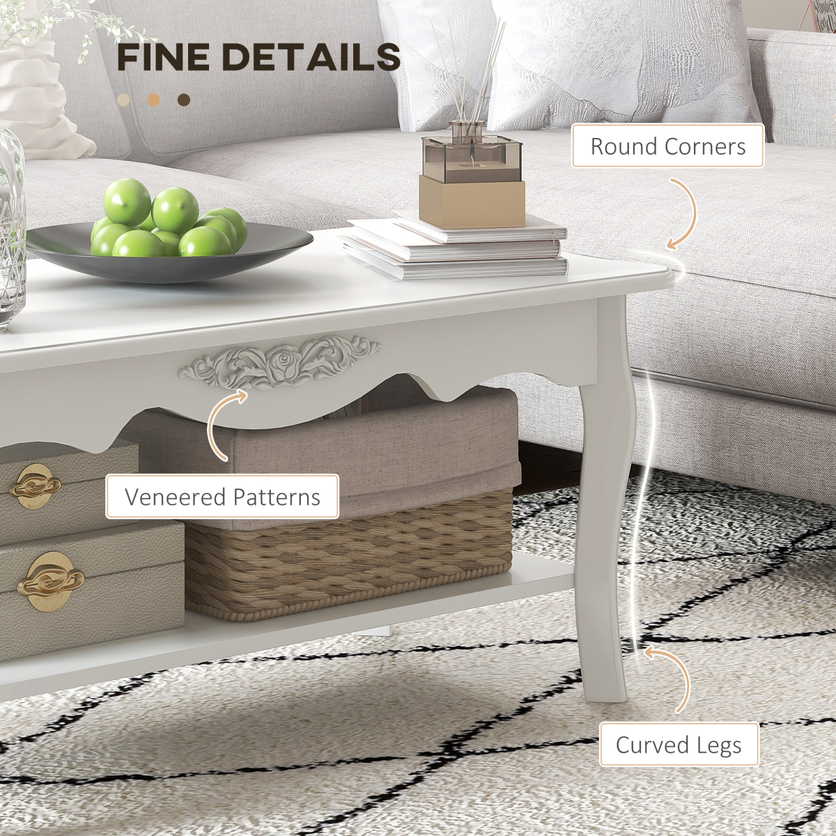 HOMCOM Modern Coffee Table with Magazine Shelf and Curved Legs – Lightweight Living Room Table, White