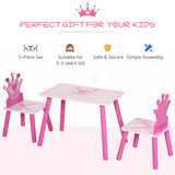 HOMCOM 3-Piece Kids Princess Table and Chair Set with Crown Backs – Pink Play Furniture for Ages 2-4