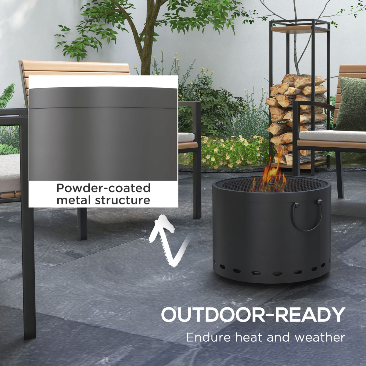 Outsunny 38cm Smokeless Wood-Burning Fire Pit with Lid and Poker – Portable Metal Patio Firepit, Grey