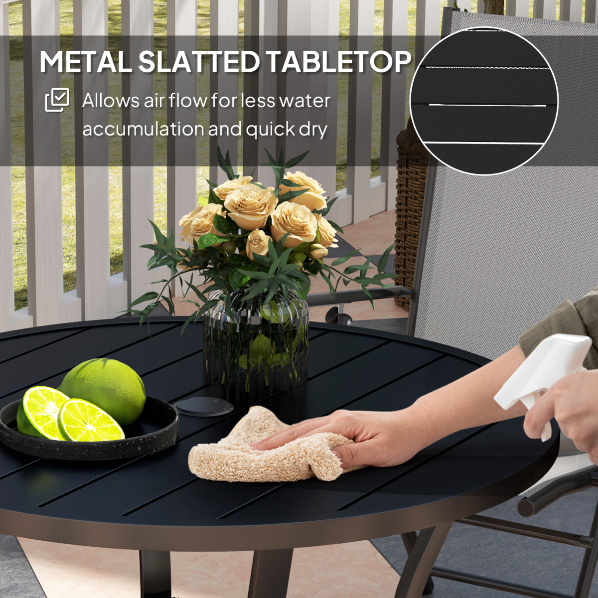 Outsunny 90cm Round Garden Dining Table with Parasol Hole – Slatted Steel Patio Table for 4, Black