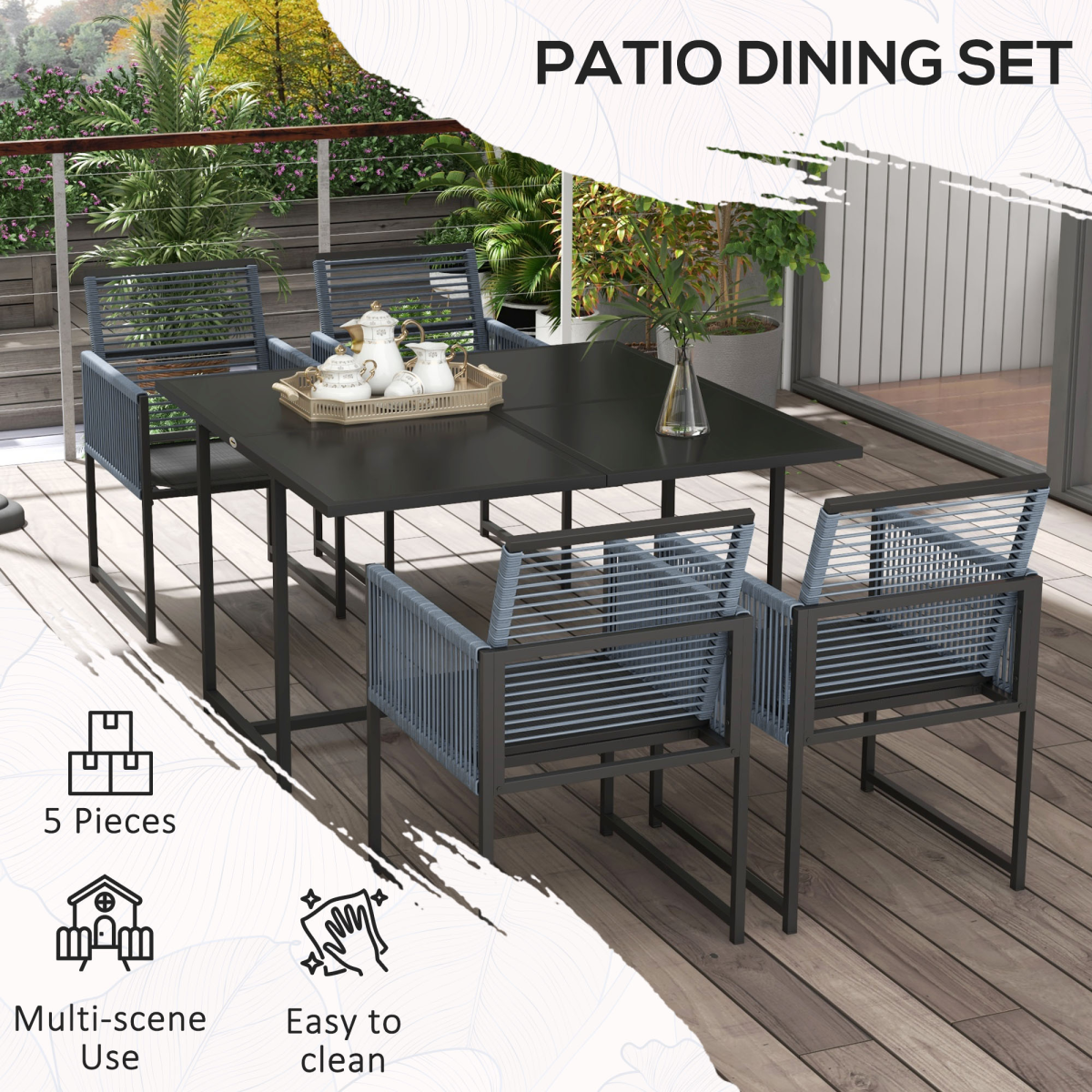 Outsunny 5-Piece Patio Dining Set with Tempered Glass Table & 4 Foldable-Back Chairs – Steel Frame Garden Furniture, Dark Grey