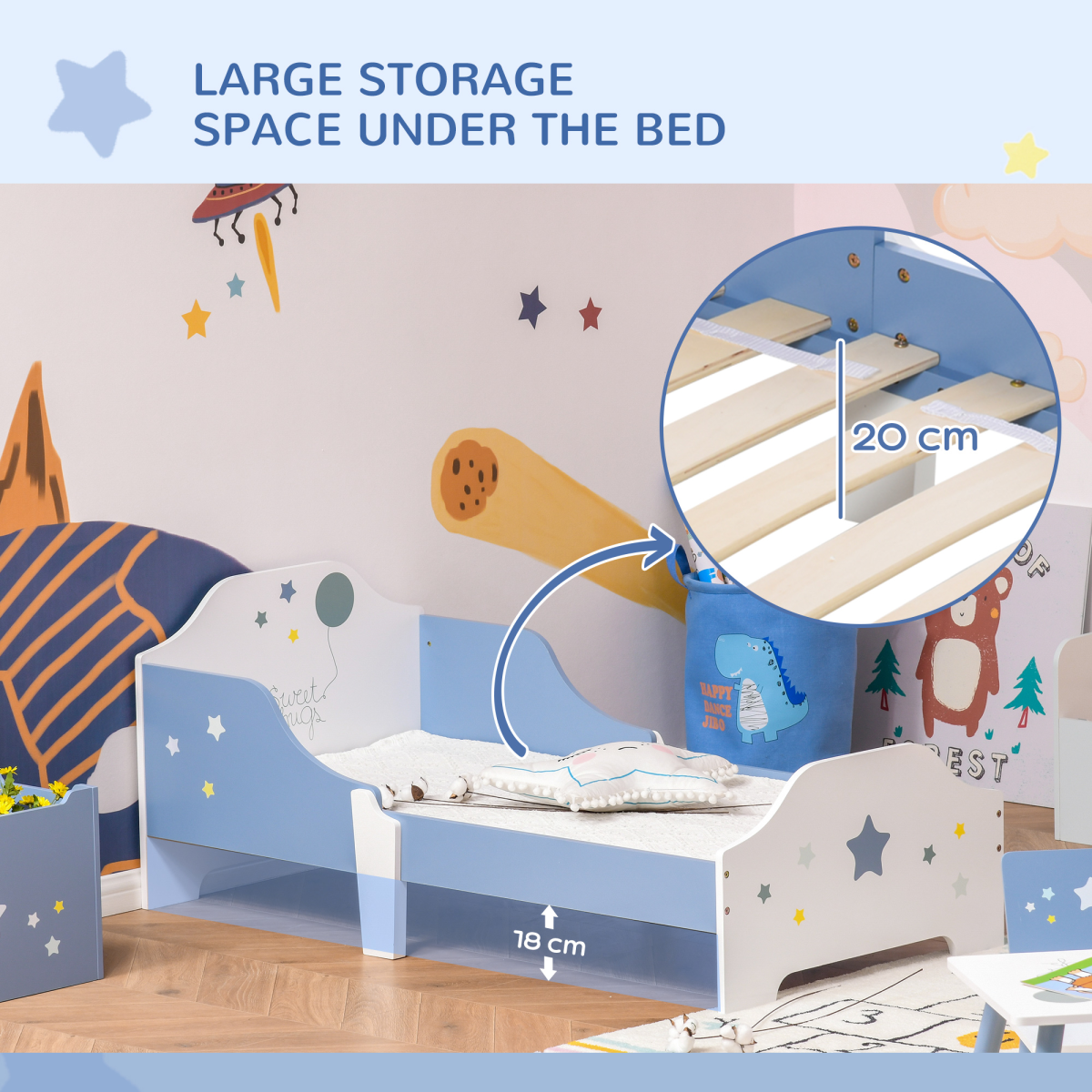 HOMCOM Kids Star & Balloon Toddler Bed with Guardrails & Slats – Blue and White, Ages 3-6