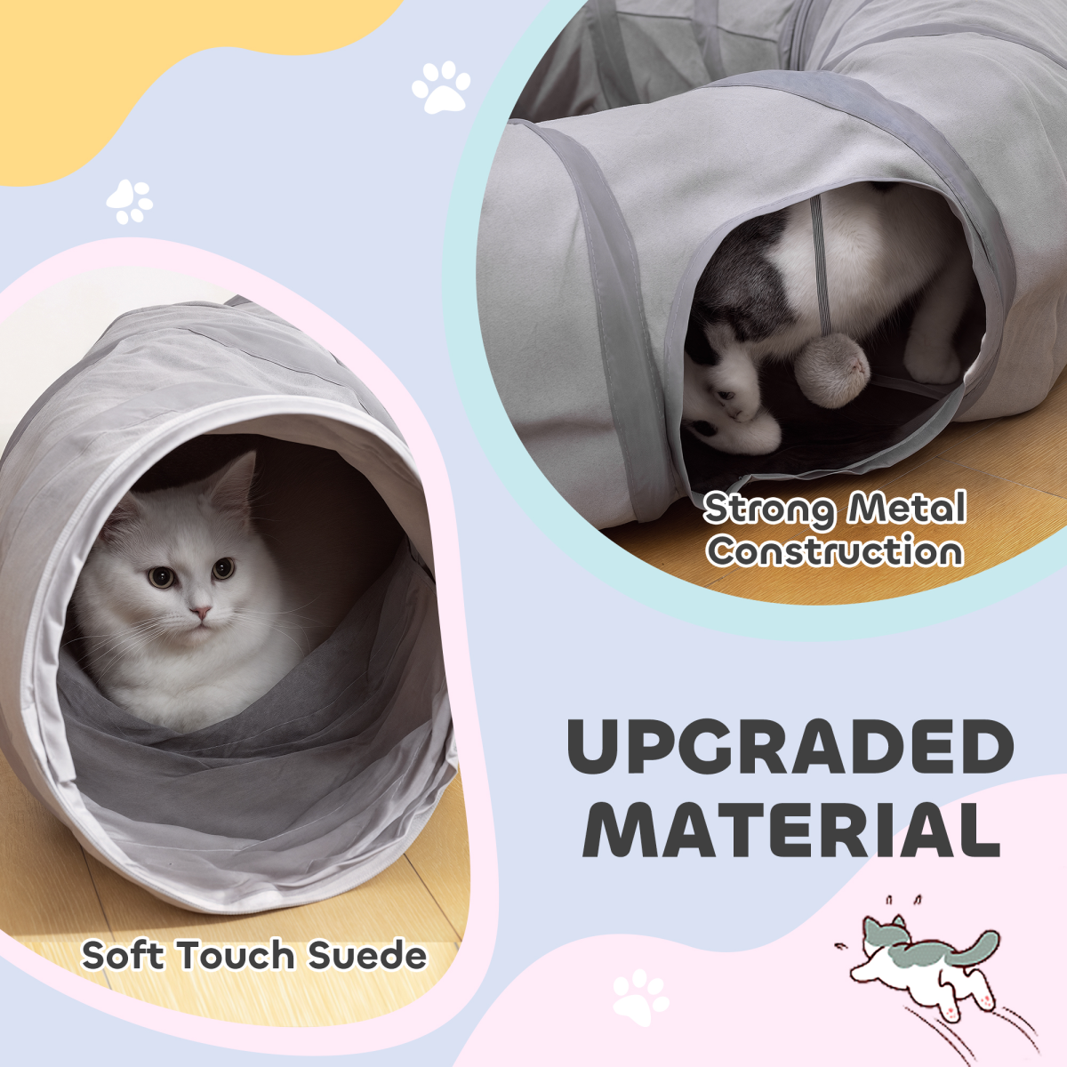 PawHut 2-in-1 Cat Tunnel with Bed, Zip-Together Play Tunnel with Hanging Toy Ball for Indoor Cats, Grey