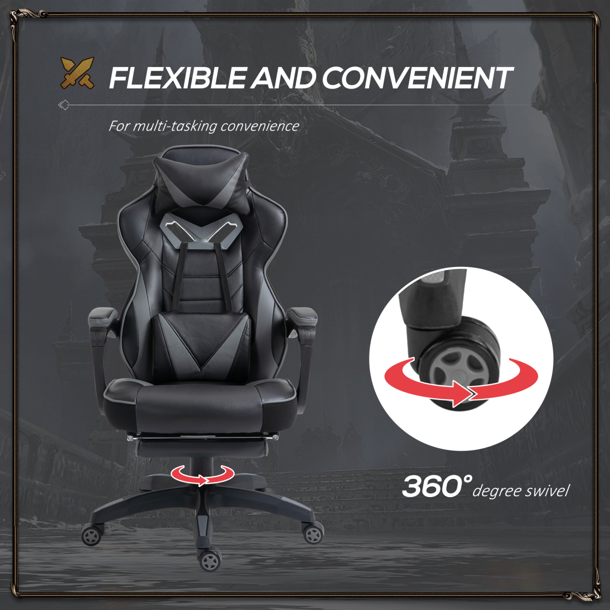 Vinsetto Reclining Racing Gaming Chair with Footrest & 170° Recline – Ergonomic Office Chair, Grey
