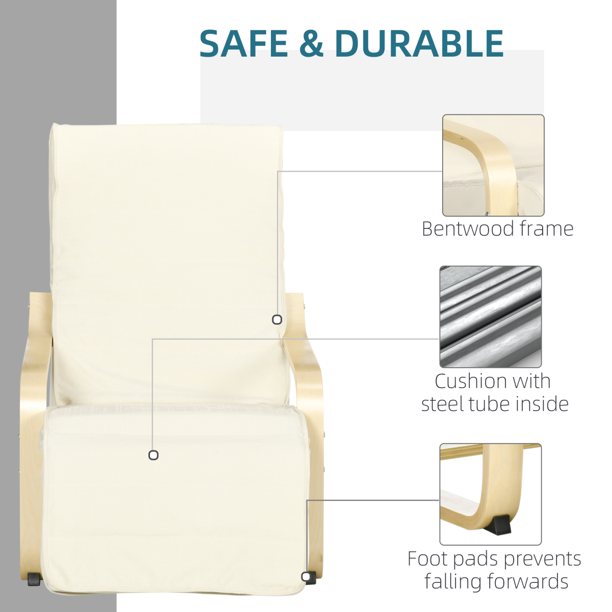 HOMCOM Lounge Armchair with 5-Level Adjustable Footrest and Padded Seat – Wooden Frame, Cream White