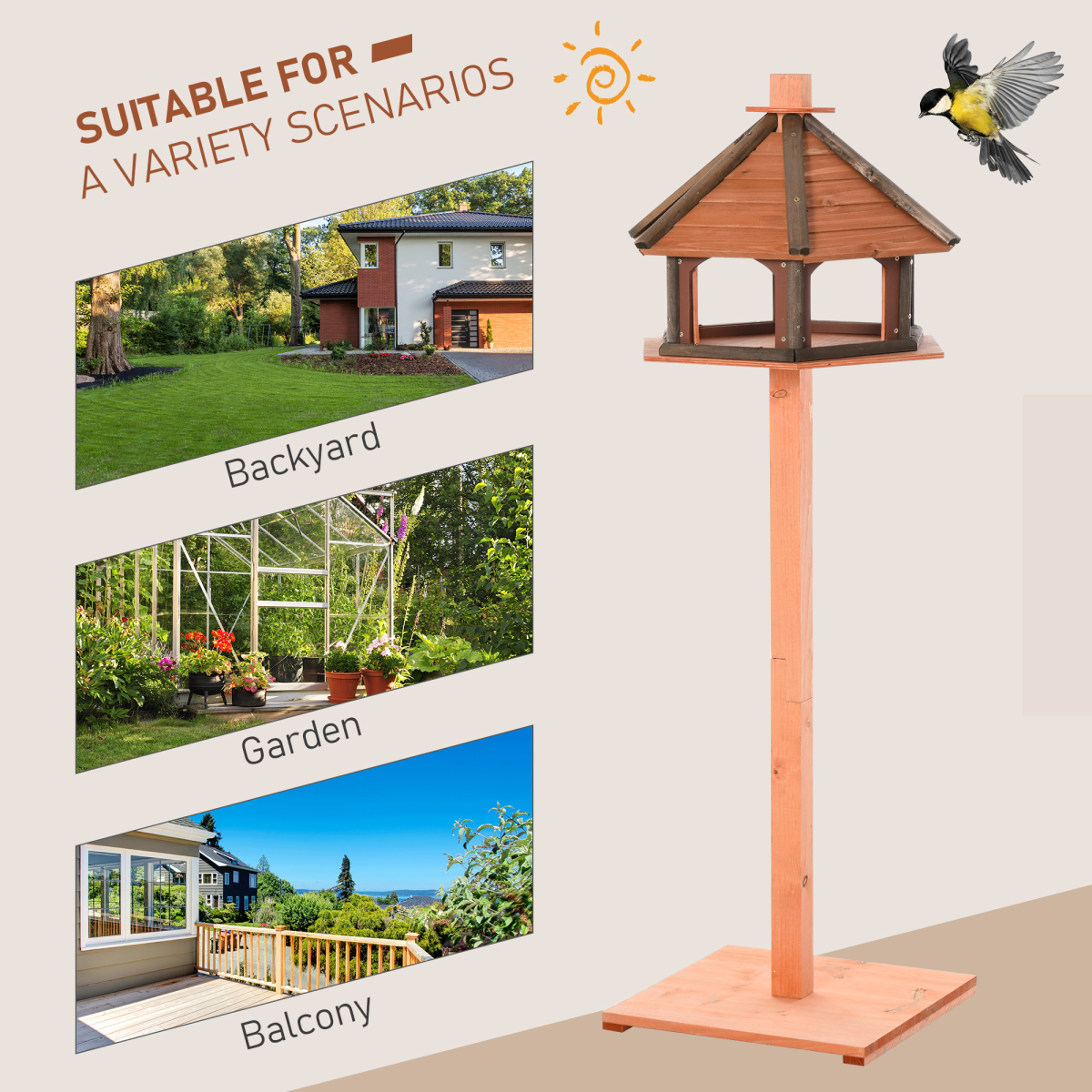 PawHut Wooden Bird Table with Roof, Fir Wood Feeding Platform – Garden Bird Feeder Stand, Brown, 130cm