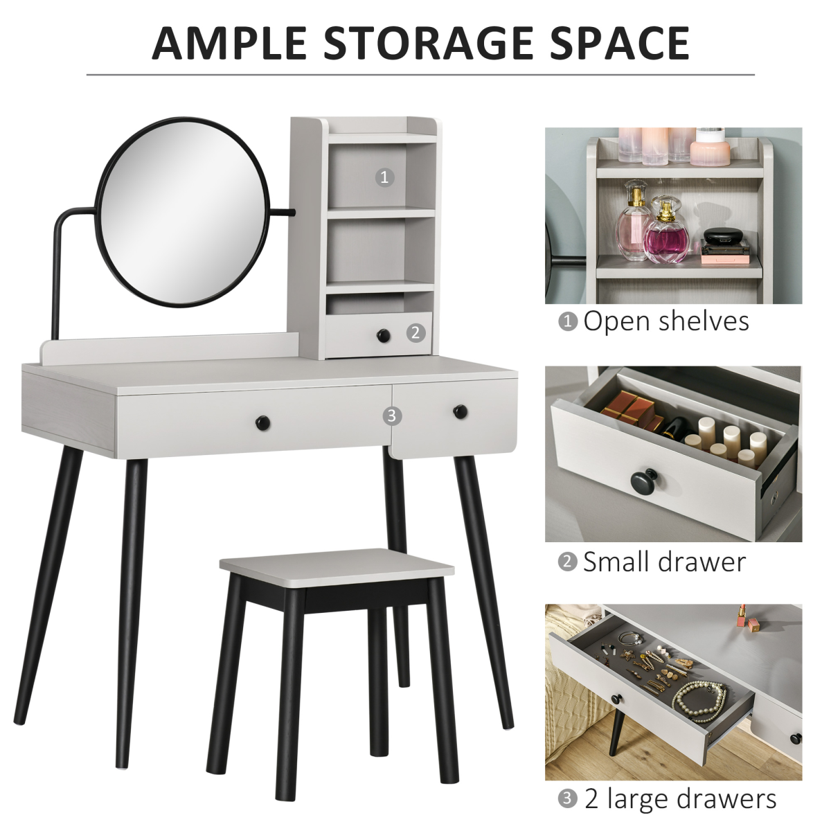 HOMCOM Dressing Table Set with 3 Drawers, Side Shelves, Mirror & Stool – Grey