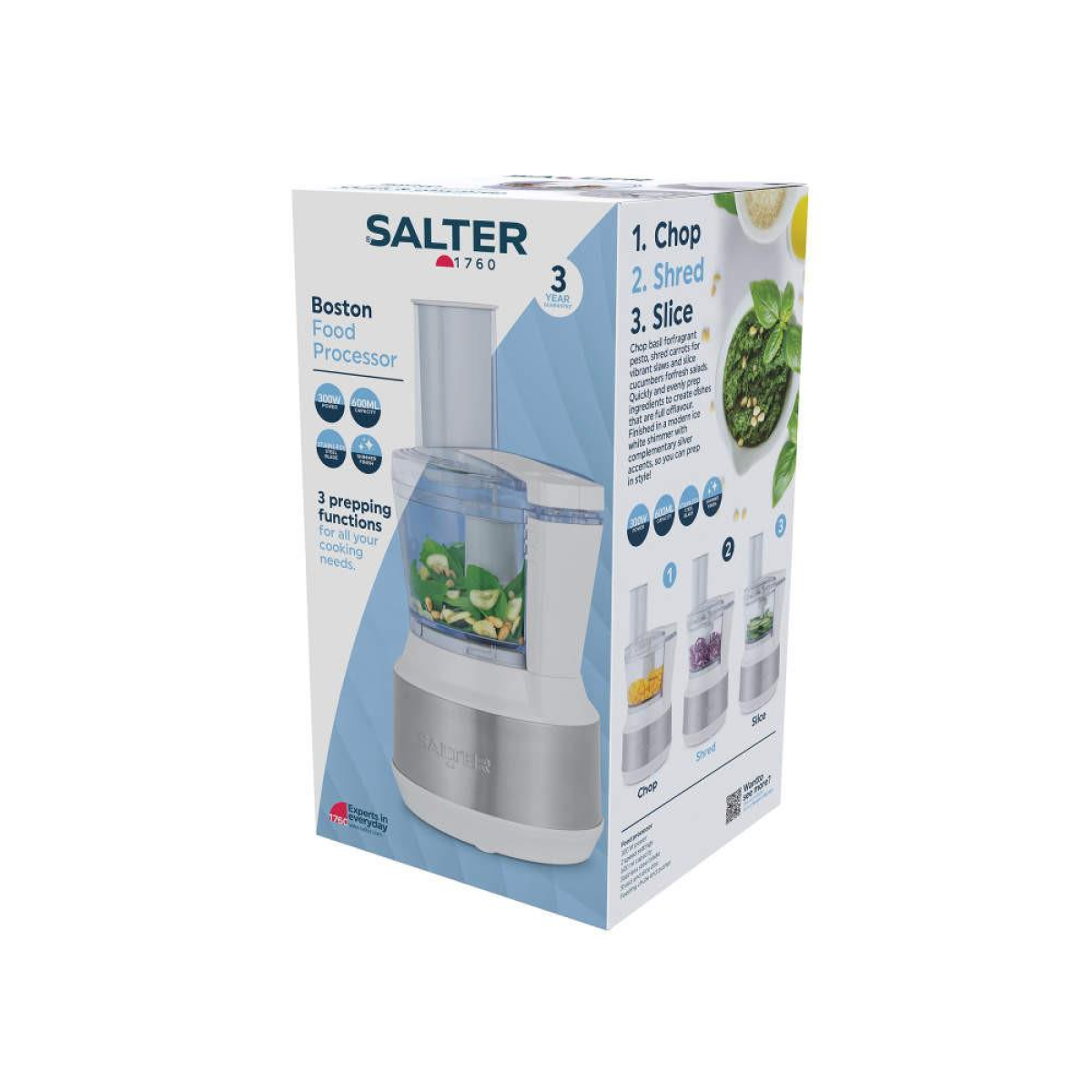 Salter Boston 3-in-1 Food Processor with 600ml Capacity and Stainless Steel Blade – Chop, Shred & Slice, White