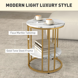 HOMCOM Set of 2 Marble-Effect Two-Tier Tables with Gold Tone Steel Legs – Coffee & Side Tables, White