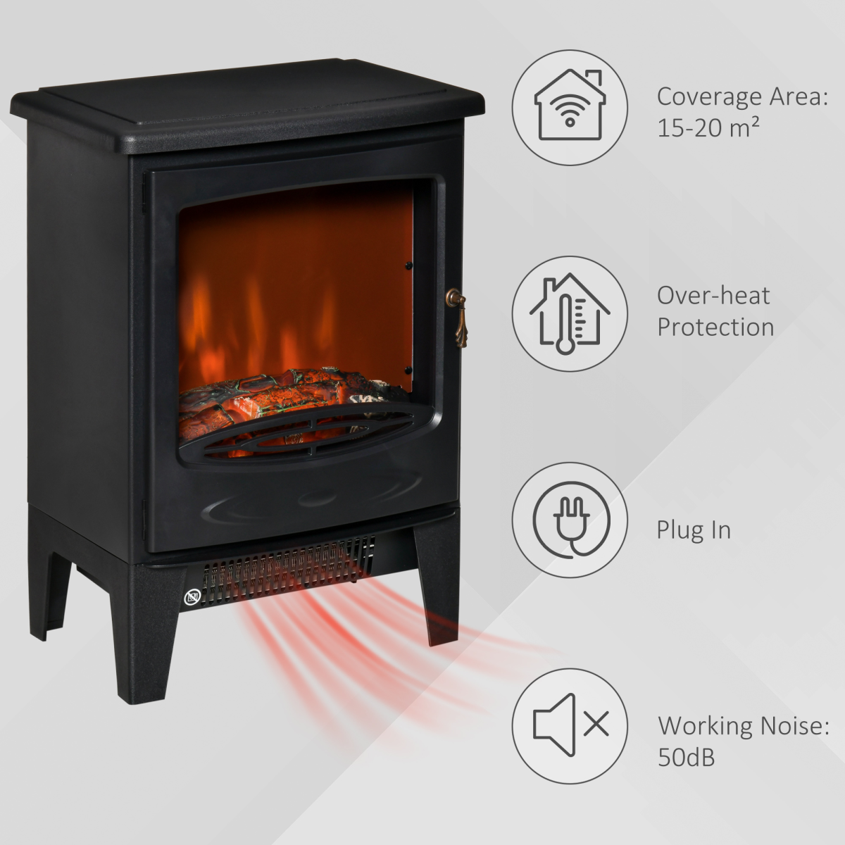 HOMCOM Freestanding Electric Fireplace Stove with Flame Effect, 900W/1800W – Glass Front, Overheat Protection