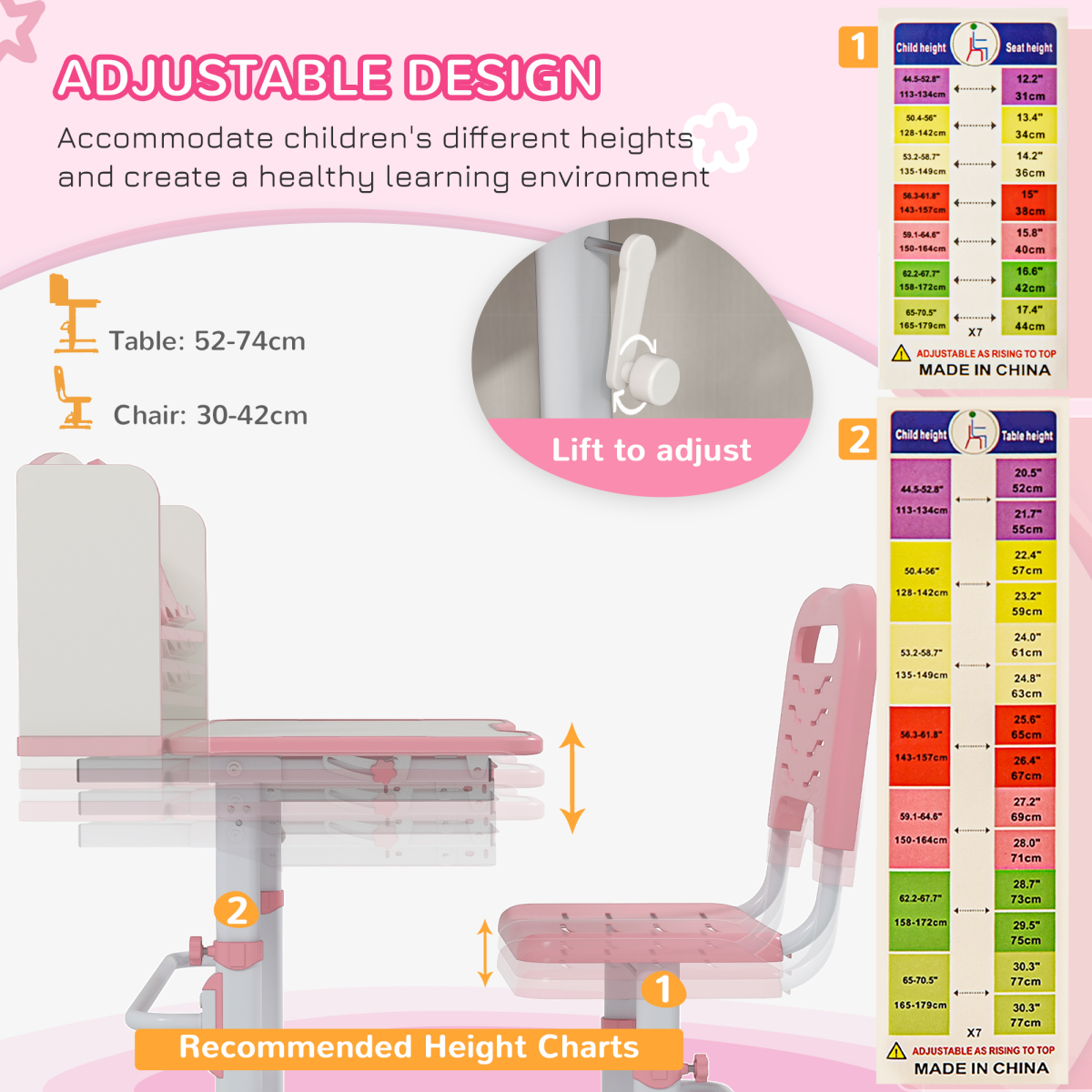 ZONEKIZ Height Adjustable Kids Desk and Chair Set with Drawer & Bookshelf – Tilting Study Desk, Pink