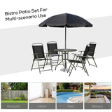 Outsunny 6-Piece Garden Bistro Set with 4 Folding Texteline Chairs, Glass Table & Parasol – Black