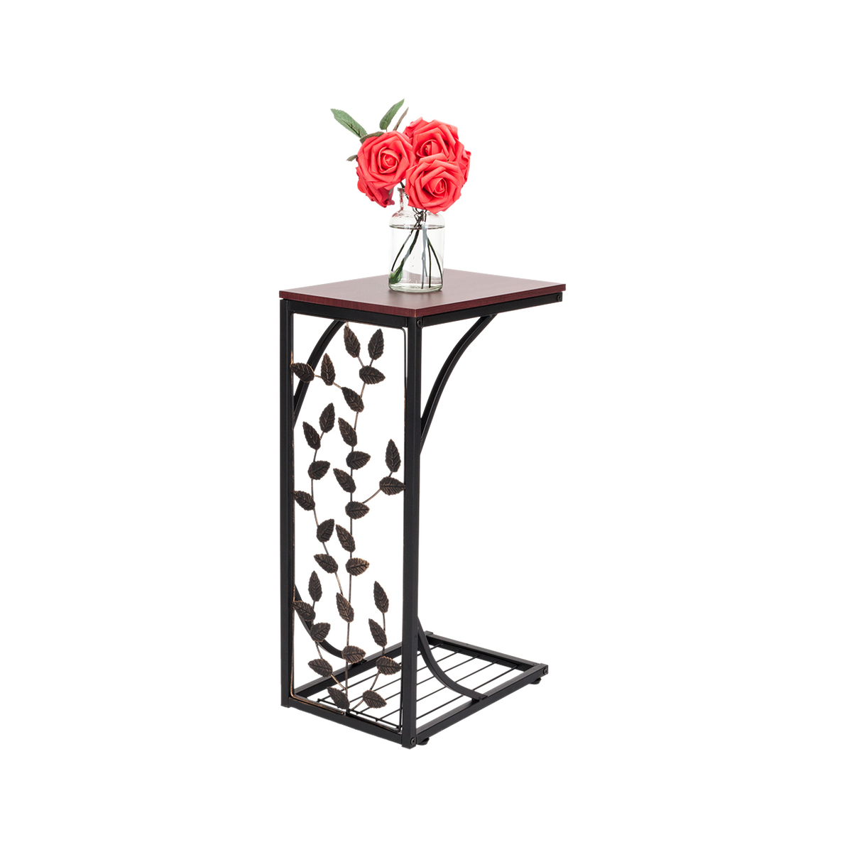 Leaf Pattern Iron Side Table with MDF Top – Compact Coffee & End Table for Small Spaces, Brown & Gold