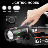 USB Rechargeable LED Headlamp with Zoomable Beam, 3 Light Modes & Tail Warning Light – Camping & Hiking