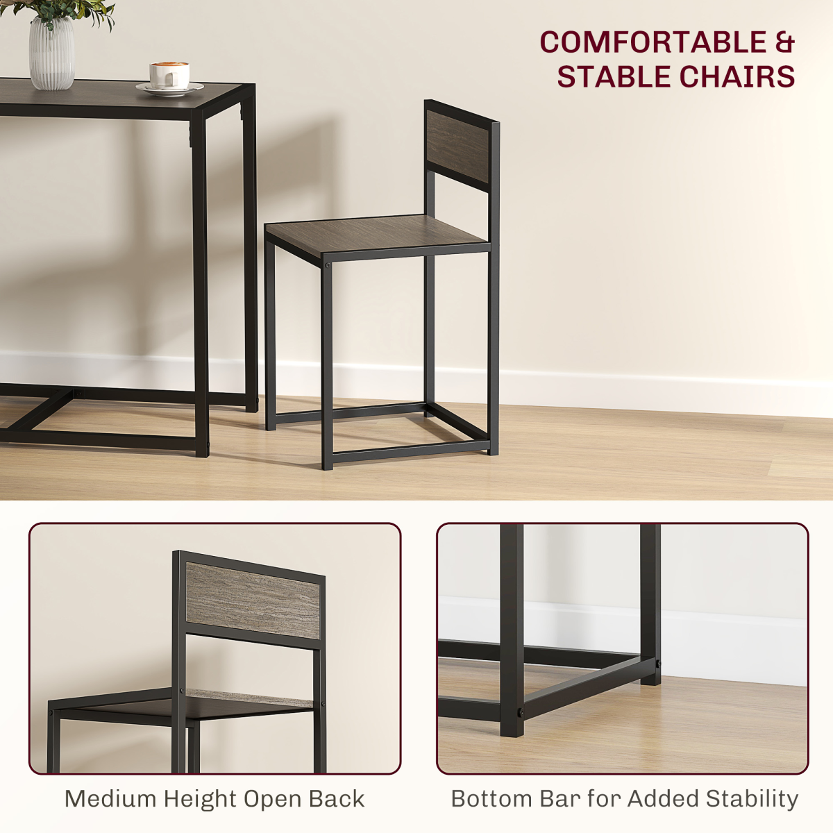 HOMCOM 3 Piece Dining Table Set with Two Stools and Steel Frame – Industrial Kitchen Table, Grey Wood-Effect