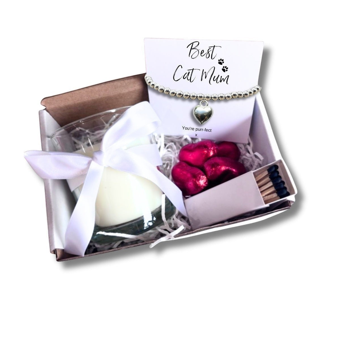 Best Cat Mum Gift Hamper with Beaded Bracelet, Vanilla Candle & Milk Chocolate Hearts – Small Gift Set