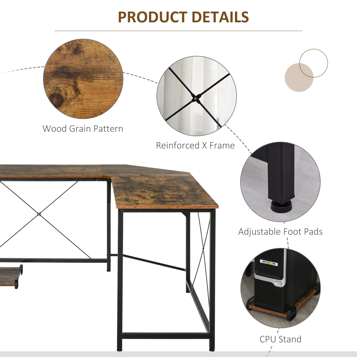 Industrial L-Shaped Corner Computer Desk with CPU Stand & Three Worktops – Retro Gaming Workstation