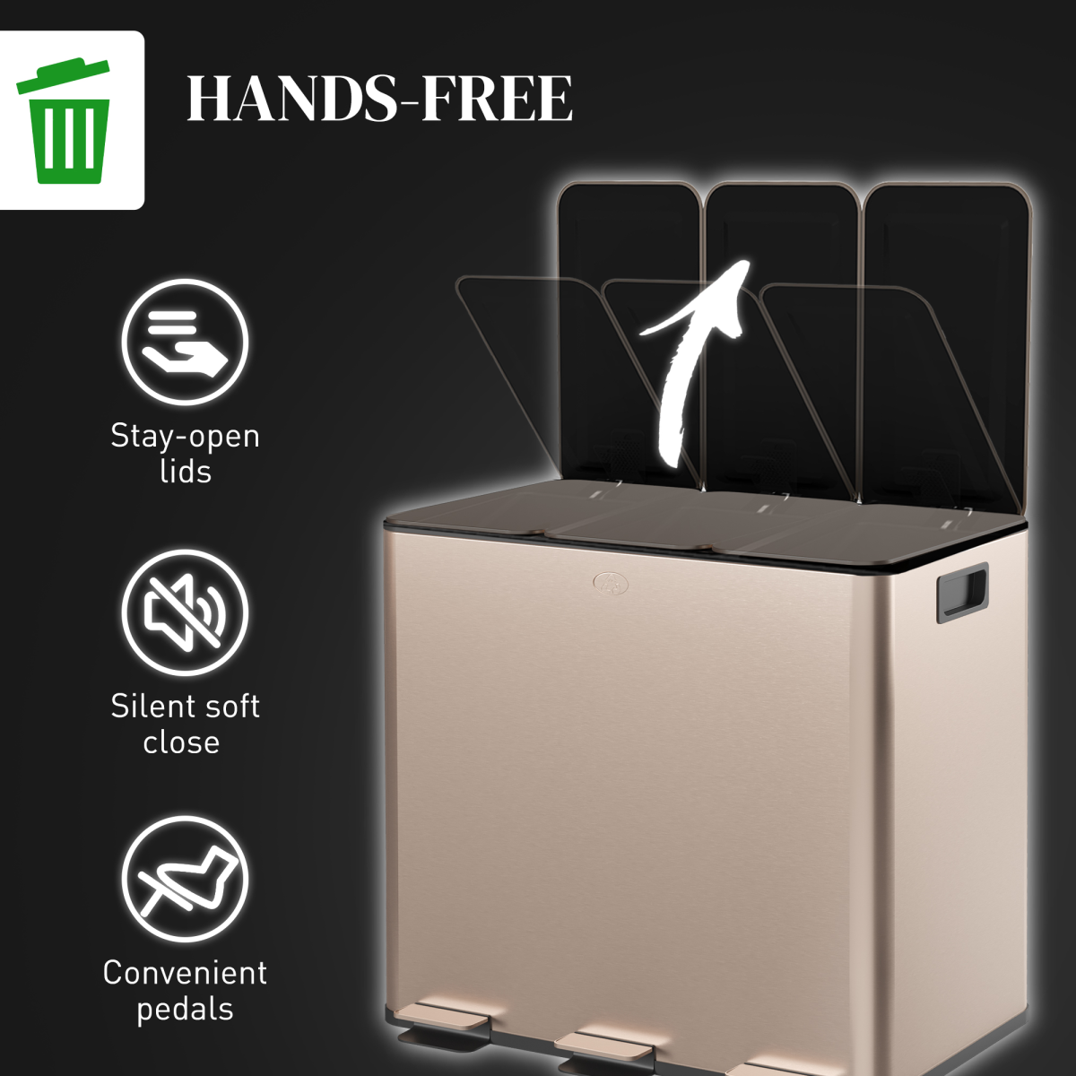 HOMCOM 3 x 15L Triple Recycling Pedal Bin with Lids – Kitchen Waste Sorting, Gold Tone