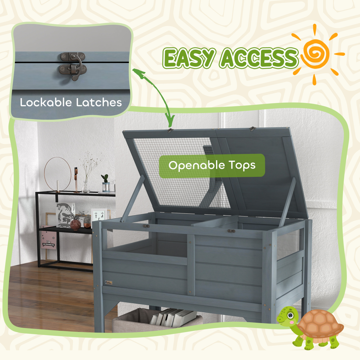 PawHut Wooden Tortoise House with Run, Shelter, Bottom Shelf & Lamp Holder – Habitat, Grey