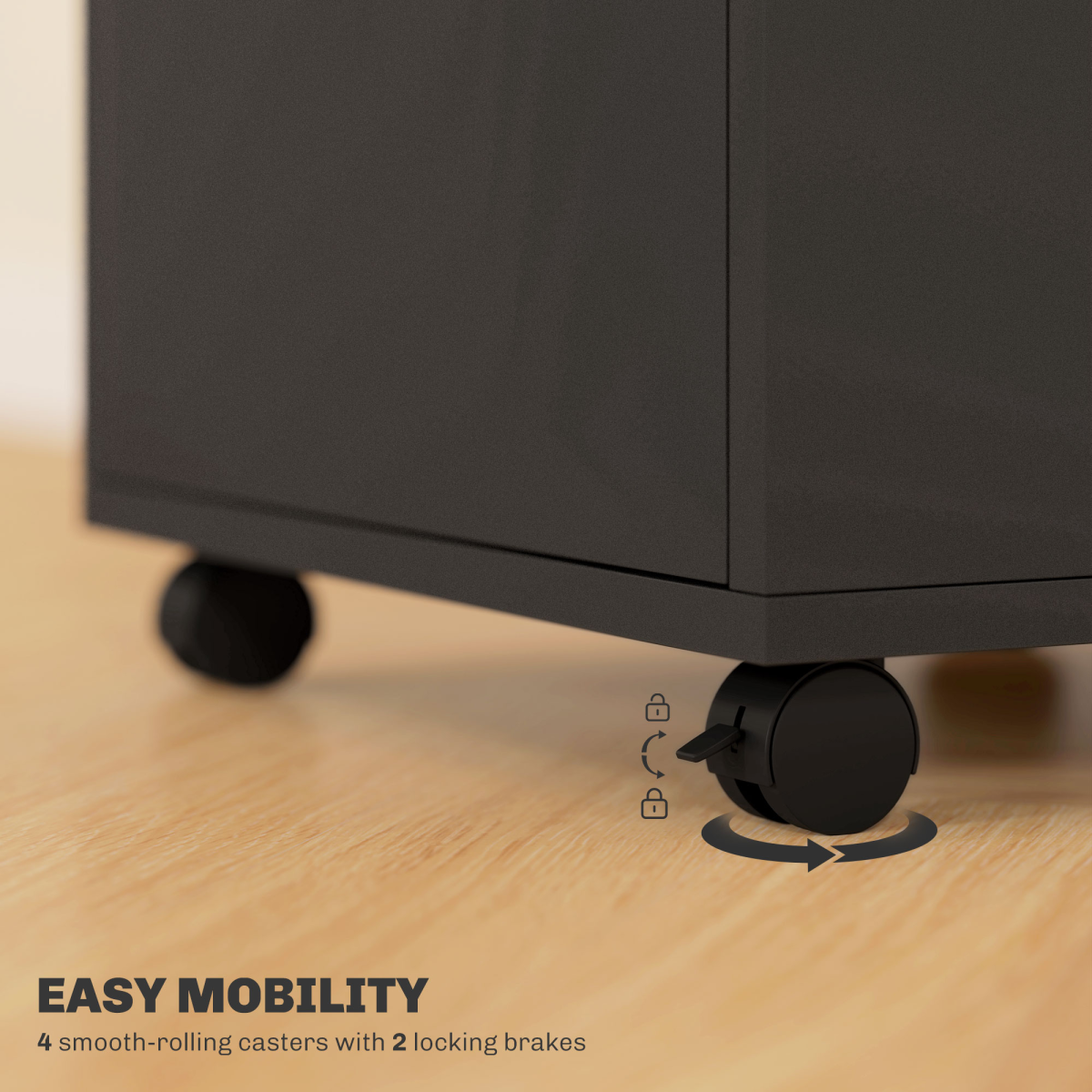 HOMCOM 60cm Mobile Storage Cabinet with Drawer, Cupboard and Open Shelf – Lockable Wheels, Black
