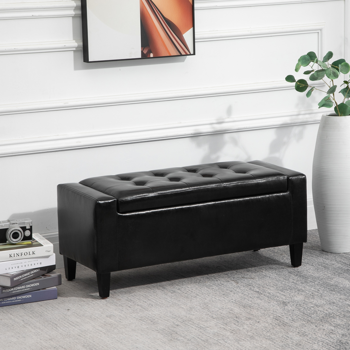 HOMCOM Deluxe Tufted PU Leather Storage Ottoman Bench with Hidden Storage – Footrest and End-of-Bed Seat