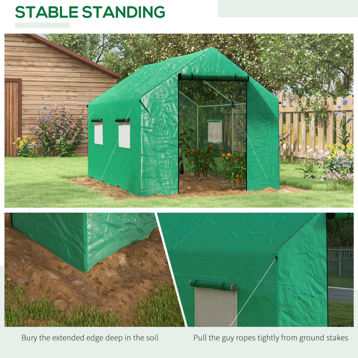 Outsunny 2 x 3m Tunnel Greenhouse with UV PE Cover, Wide Roll-Up Door & Mesh Windows – Steel Frame, Green