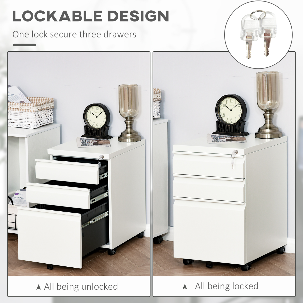 Vinsetto Mobile Vertical 3-Drawer Lockable Metal Filing Cabinet with Wheels – Under-Desk Office Storage