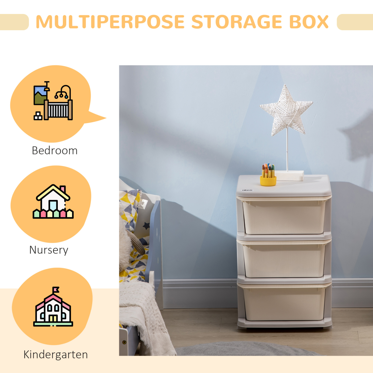 HOMCOM Kids Storage Unit with 3 Drawers – Vertical Dresser Tower for Bedroom and Playroom