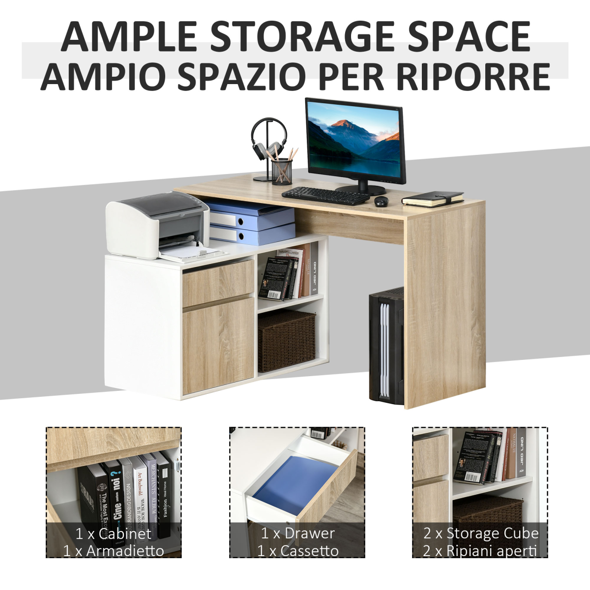 HOMCOM L-Shaped Corner Computer Desk with Cabinet, Drawer and Two Shelves – Home Office, Oak and White