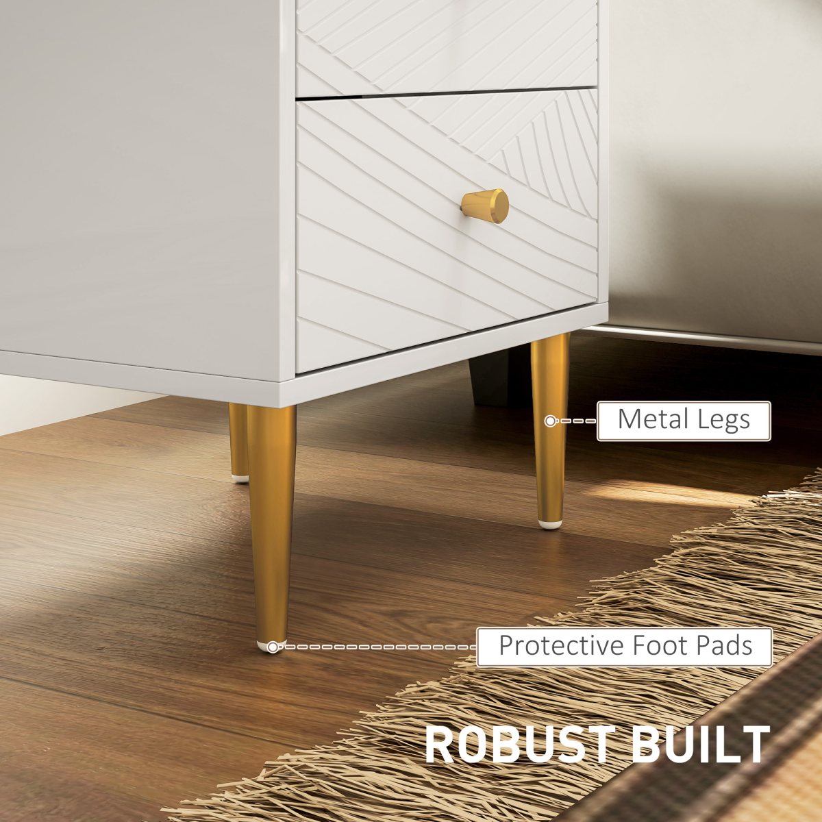 HOMCOM White Bedside Table with 2 Storage Drawers & Gold Tone Handles – Nightstand with Metal Legs
