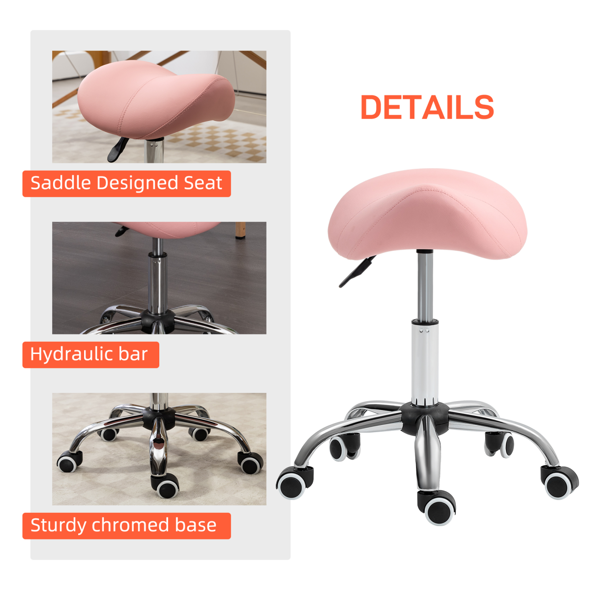 HOMCOM PU Leather Saddle Stool with Moulded Padded Seat, 49–61cm Adjustable Height – Salon & Home Use, Pink
