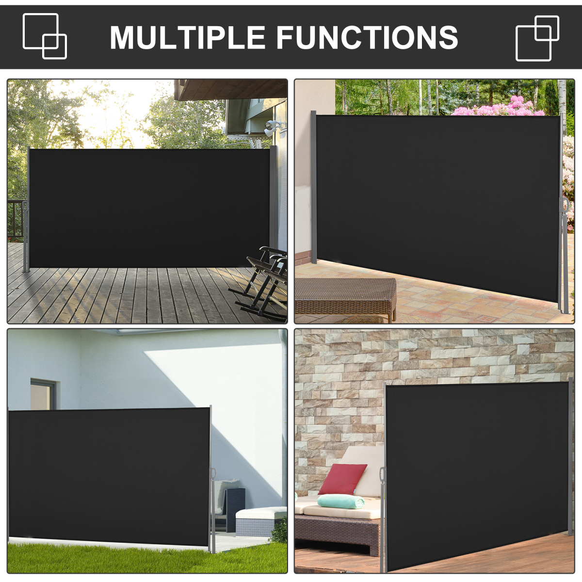 Outsunny 3 x 1.6m Retractable Side Awning Privacy Screen with Steel Frame – Garden Fence Panel, Black