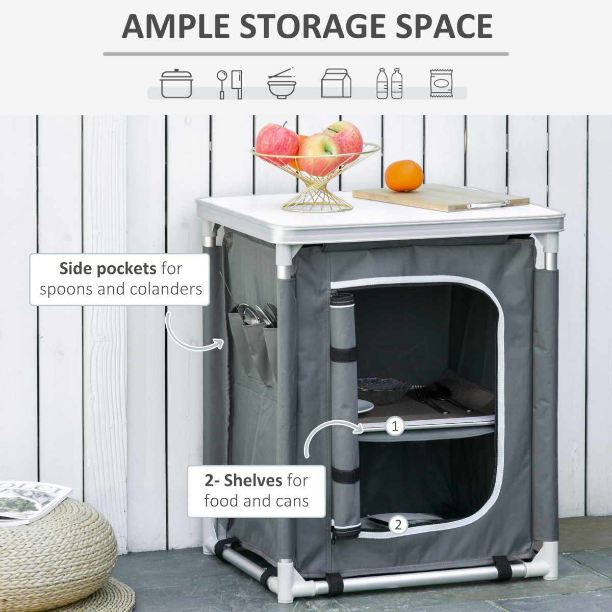 Outsunny Camping Kitchen Table with 2-Shelf Cupboard & Aluminium Frame – Portable Cook Station with Carry Bag