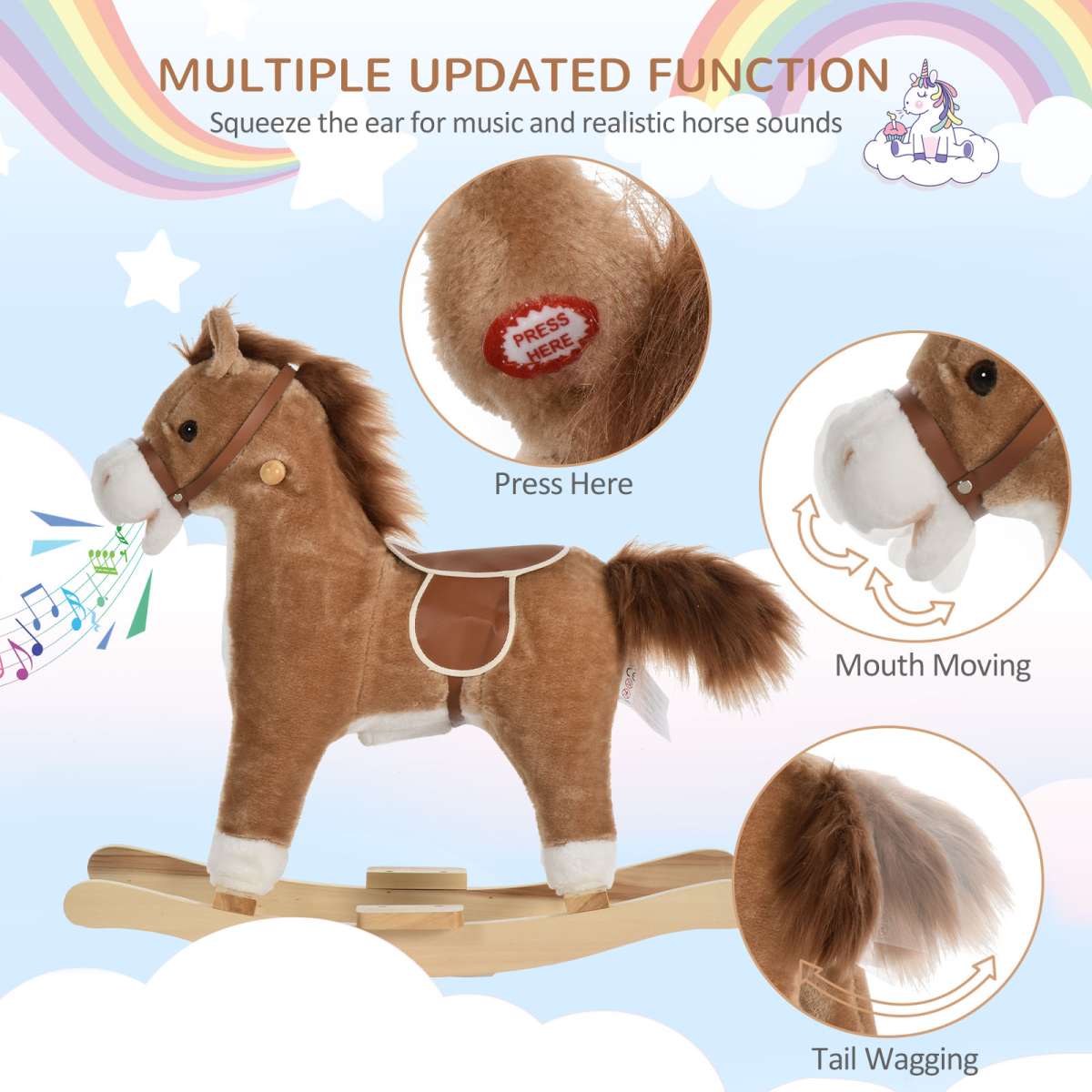 HOMCOM Kids Plush Rocking Horse with Moving Mouth, Wagging Tail and Sounds – Ride-On Toddler Rocker, Brown