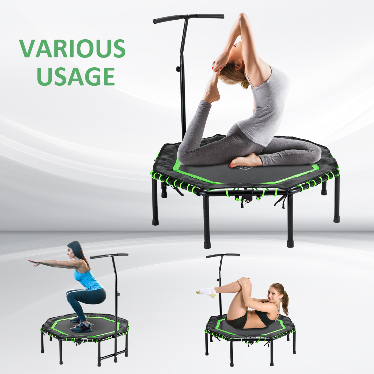 HOMCOM Foldable Fitness Trampoline with 3-Level Adjustable Handle – Rebounder for Adults & Teens, Green