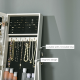 Lockable Mirrored Jewellery Cabinet with Adjustable Long Mirror, 4 Shelves & Necklace Hooks – White Armoire