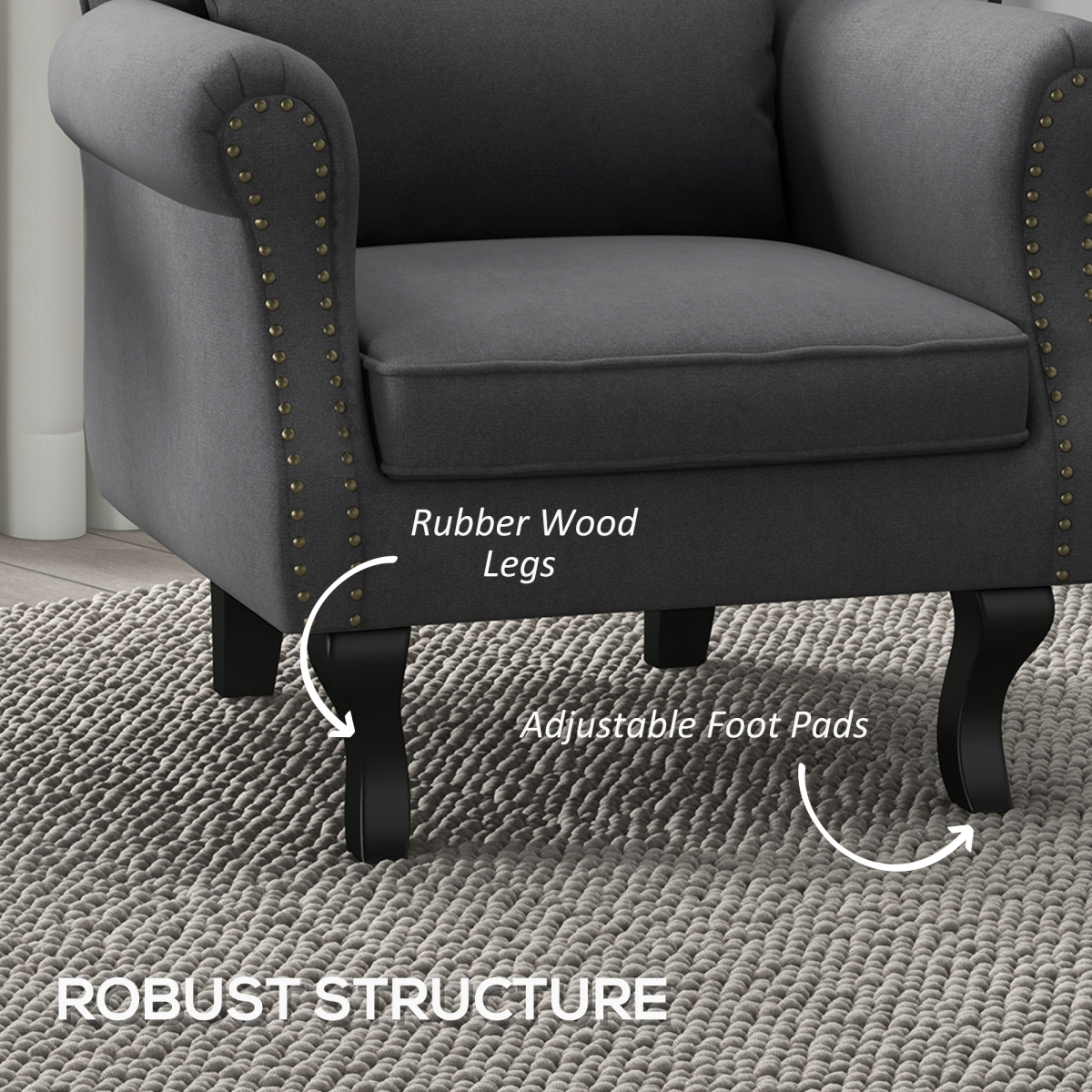 HOMCOM Vintage Wingback Accent Armchair with Nailhead Trim & Wooden Legs – Living Room Chair, Dark Grey