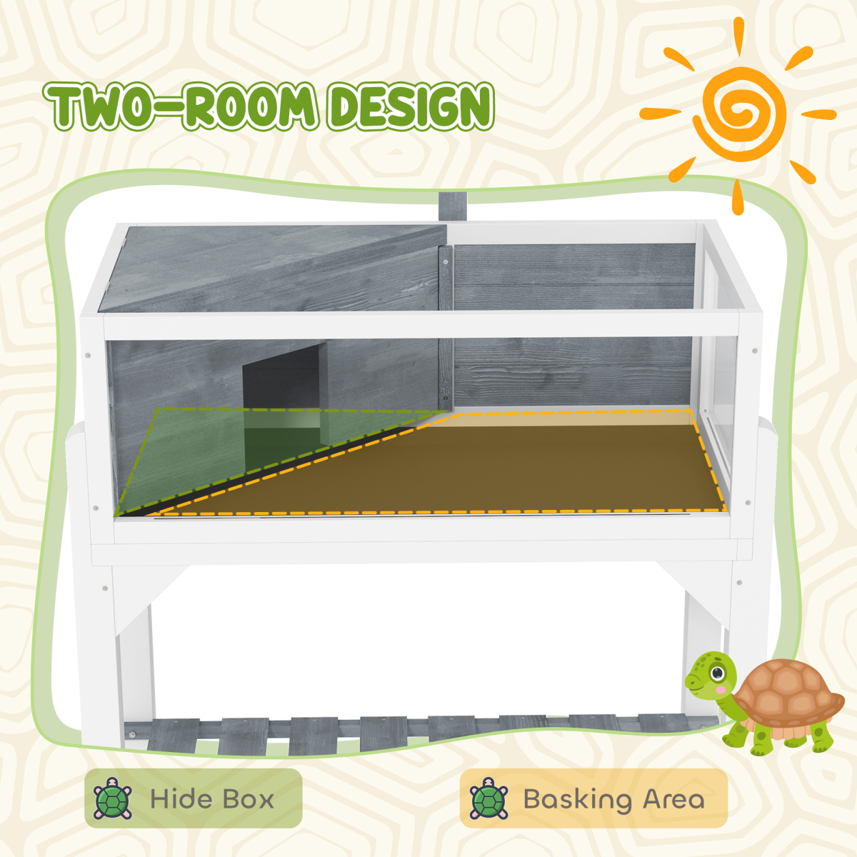 PawHut Wooden Tortoise House with Storage Shelf, Lamp Stand & Clear Observation Windows – White and Grey
