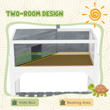 PawHut Wooden Tortoise House with Storage Shelf, Lamp Stand & Clear Observation Windows – White and Grey