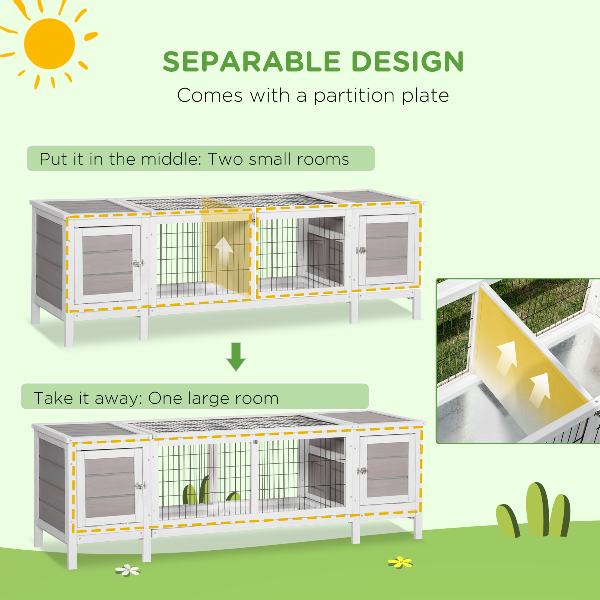 PawHut Indoor Rabbit Hutch with Separable Rooms and Slide-Out Tray – Guinea Pig Cage & Bunny Run, Grey