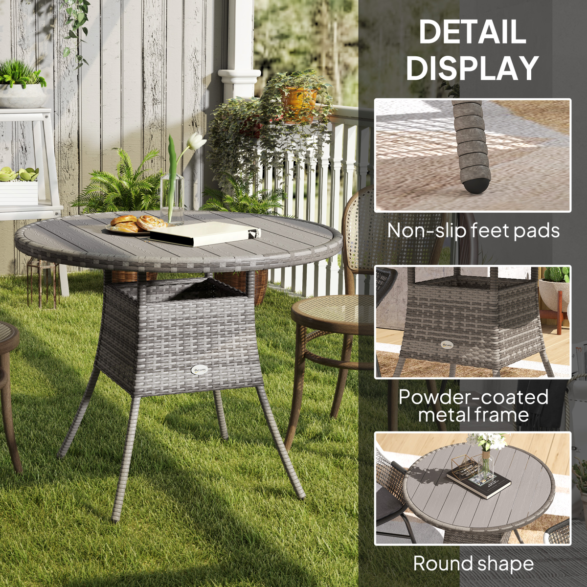Outsunny Rattan Outdoor Dining Table for 4 with Wood-Plastic Composite Top – Patio Garden Furniture, Grey