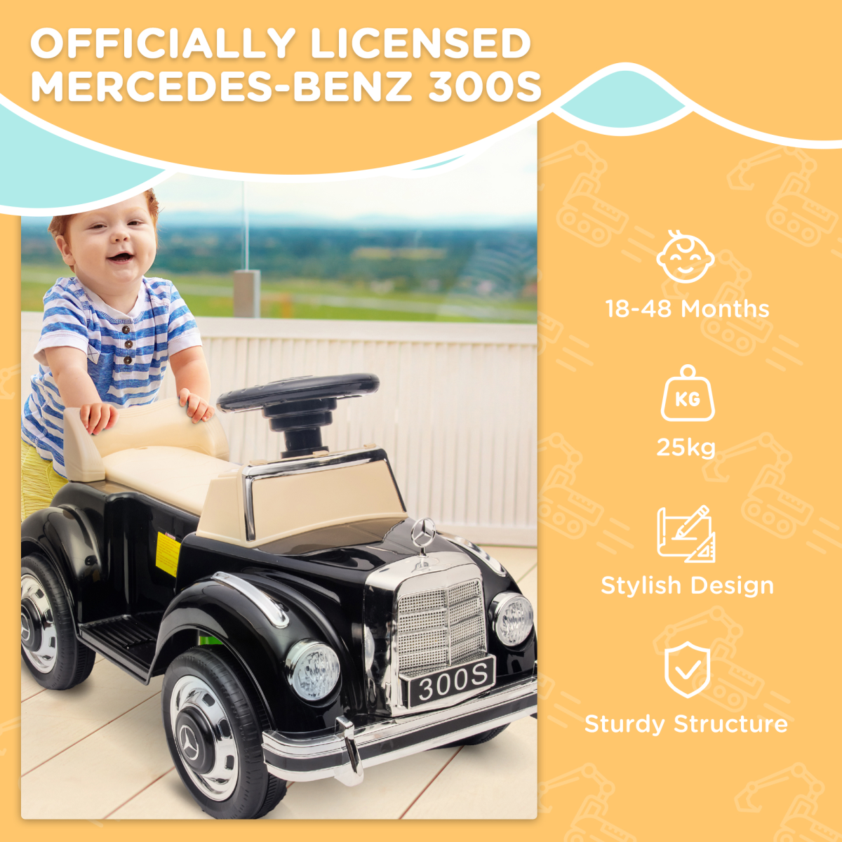 AIYAPLAY Mercedes-Benz 300S Licensed Kids Ride-On Sliding Car with Under-Seat Storage, Foot-to-Floor – Black