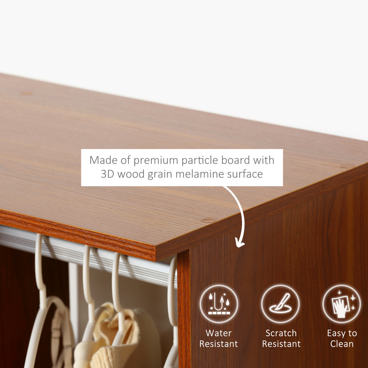 HOMCOM Open Wardrobe with Hanging Rail, 3 Cubbies and Wheels – Mobile Bedroom Storage, Walnut