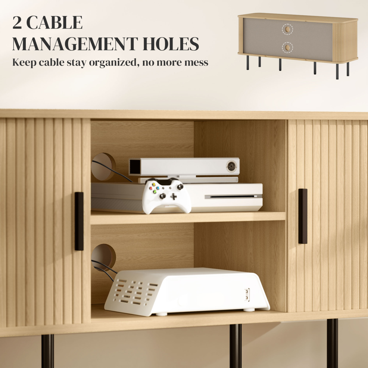 HOMCOM TV Unit with Two Open Shelves, Two Cupboards & Cable Management – Living Room Media Storage, Oak Tone