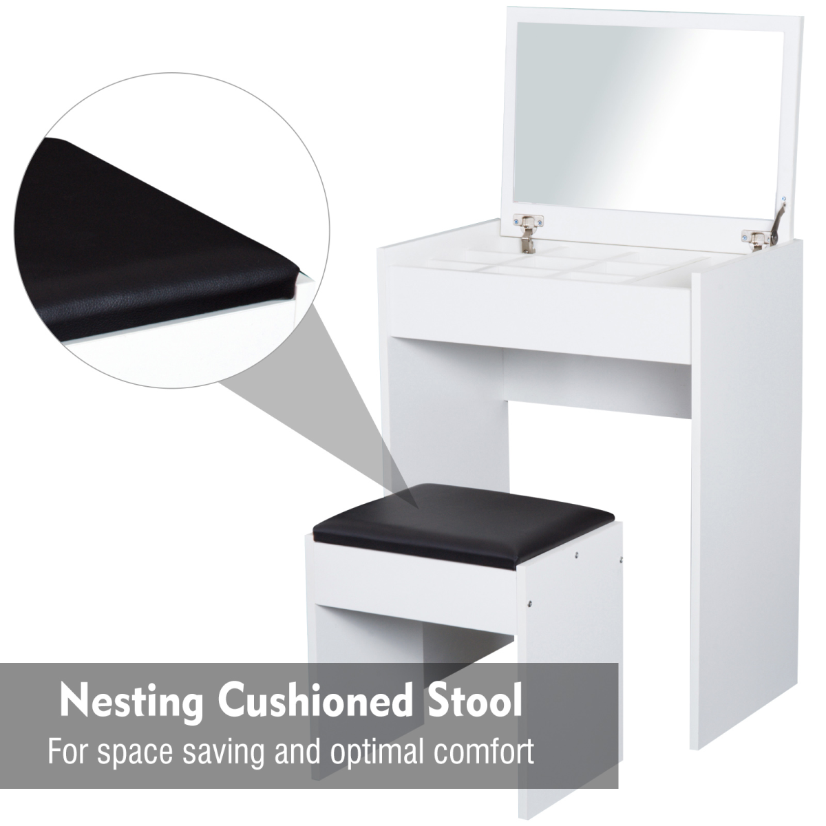 HOMCOM White Dressing Table Set with Flip-Up Mirror, Hidden Storage & Padded Stool