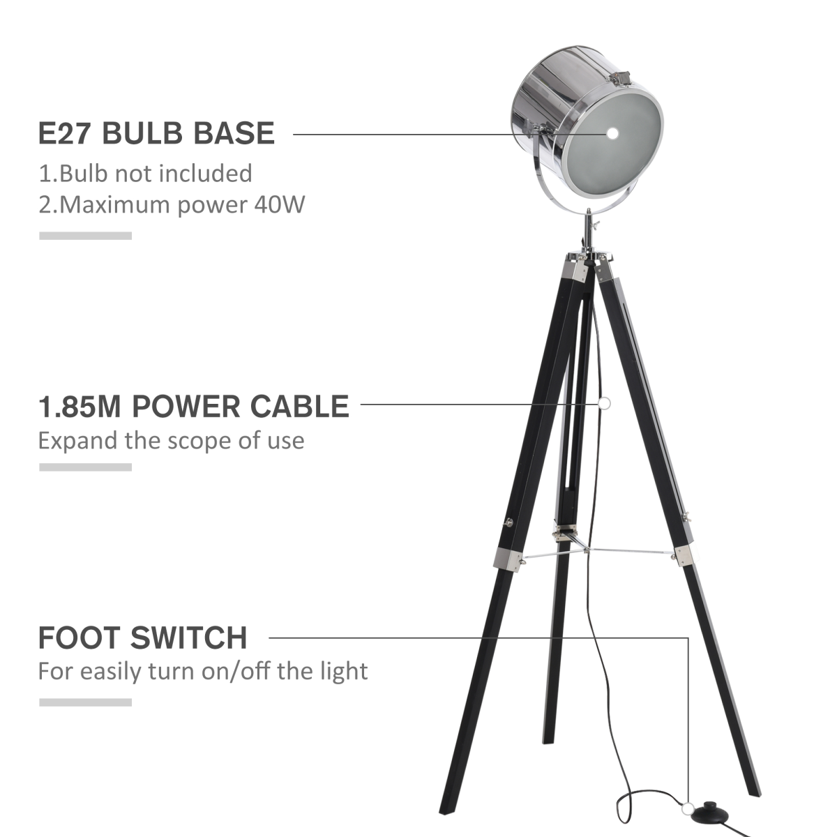 Industrial Adjustable Tripod Searchlight Floor Lamp, 110–155cm with Tilting Head – Reading Corner Lighting